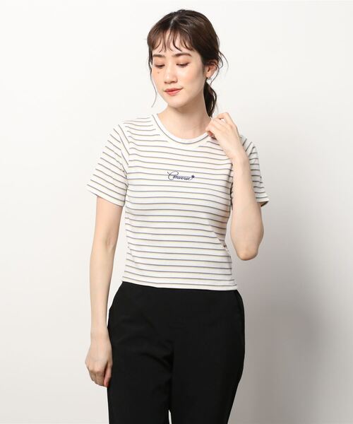 CONVERSE(コンバース)の「CONVERSE コンバース リブクロップドボーダーTシャツ(Tシャツ/カットソー・レディース・ホワイト/ブルー/ブラック/オフホワイト・L/M)」の8枚目の写真