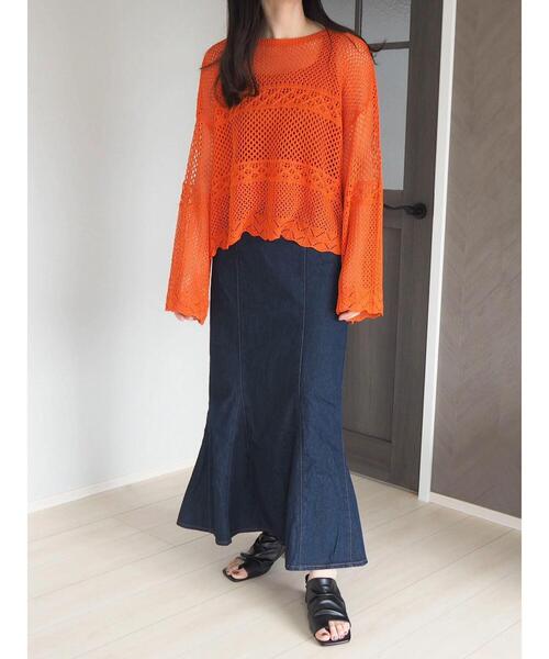 Green　Parks（グリーンパークス）の「透かし編みニットプルオーバー（ニット/セーター・レディース・ネイビー/オレンジ/グリーン・FREE）」の21枚目の写真