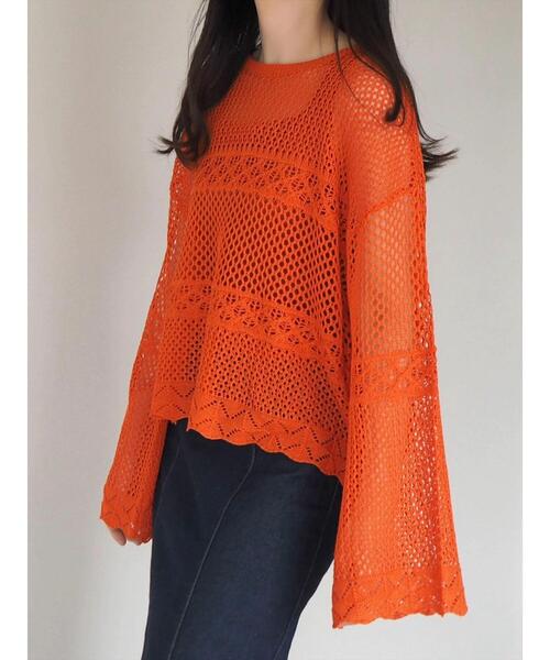 Green　Parks（グリーンパークス）の「透かし編みニットプルオーバー（ニット/セーター・レディース・ネイビー/オレンジ/グリーン・FREE）」の20枚目の写真