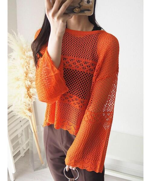 Green　Parks（グリーンパークス）の「透かし編みニットプルオーバー（ニット/セーター・レディース・ネイビー/オレンジ/グリーン・FREE）」の18枚目の写真