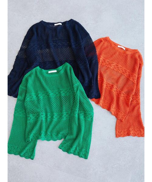 Green　Parks（グリーンパークス）の「透かし編みニットプルオーバー（ニット/セーター・レディース・ネイビー/オレンジ/グリーン・FREE）」の14枚目の写真