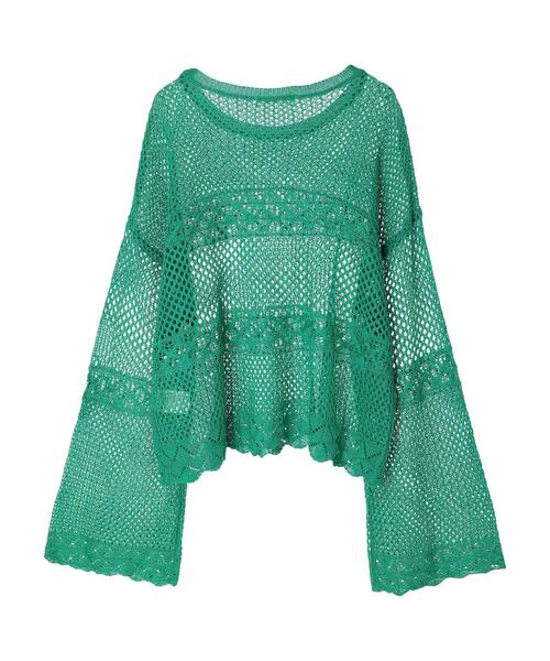 Green　Parks（グリーンパークス）の「透かし編みニットプルオーバー（ニット/セーター・レディース・ネイビー/オレンジ/グリーン・FREE）」の12枚目の写真