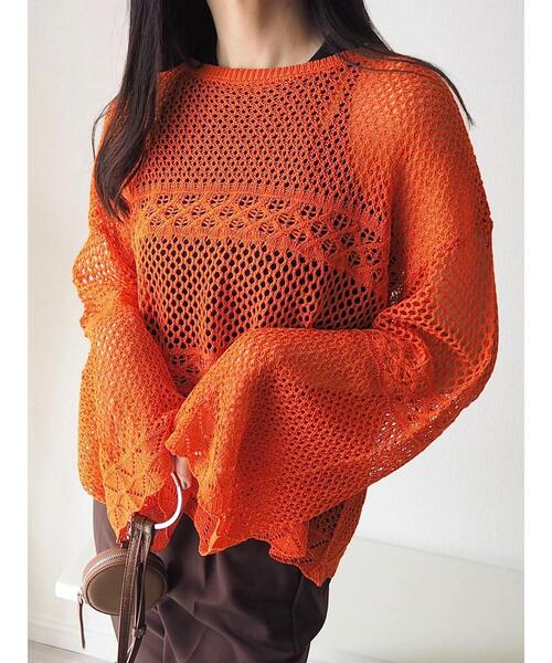 Green　Parks（グリーンパークス）の「透かし編みニットプルオーバー（ニット/セーター・レディース・ネイビー/オレンジ/グリーン・FREE）」の3枚目の写真