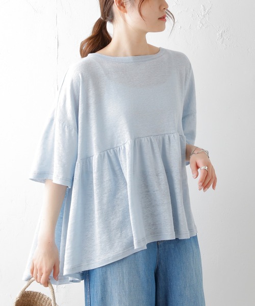 PUAL CE CIN（ピュアルセシン）の「ラミーリネン天竺ギャザープルオーバー（Tシャツ/カットソー・レディース・ホワイト/ブラック/グレー/ブルー・FREE）」の4枚目の写真