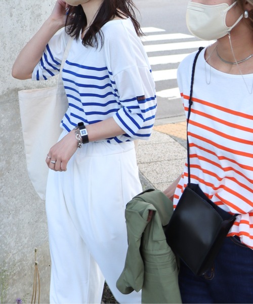 COURO（コウロ）の「ボートネックバスクパネルボーダーTシャツ（Tシャツ/カットソー・レディース・オレンジ/ブルー・FREE）」の3枚目の写真