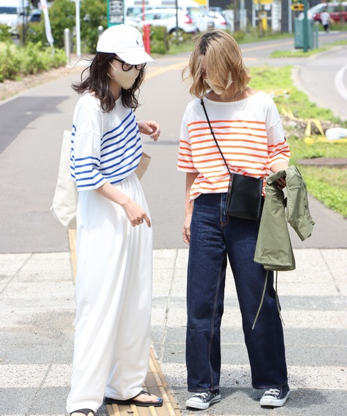 COURO（コウロ）の「ボートネックバスクパネルボーダーTシャツ（Tシャツ/カットソー・レディース・オレンジ/ブルー・FREE）」の4枚目の写真