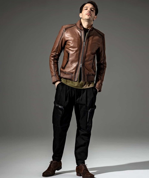 C DIEM(カルペディエム)の「C DIEM(カルペディエム)シープレザーグラデーションハリントンジャケット(ライダースジャケット・メンズ・ブラック/ダークブラウン・M/L)」の8枚目の写真