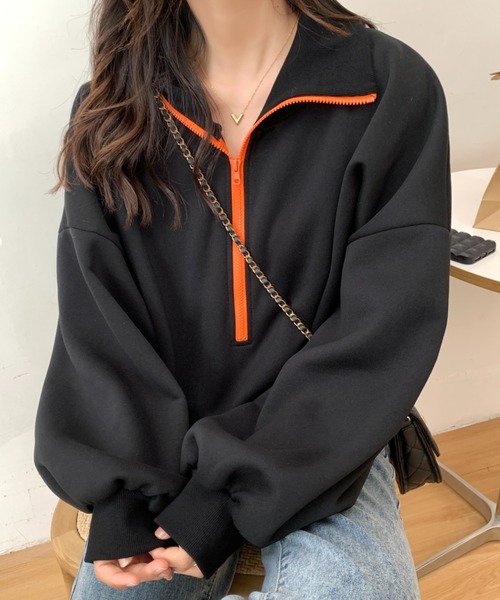 ABITOKYO（アビトーキョー）の「ハーフジップオーバーシルエット裏起毛スウェット（スウェット・レディース・グリーン/ホワイト/ブラック/ベージュ・FREE）」の2枚目の写真
