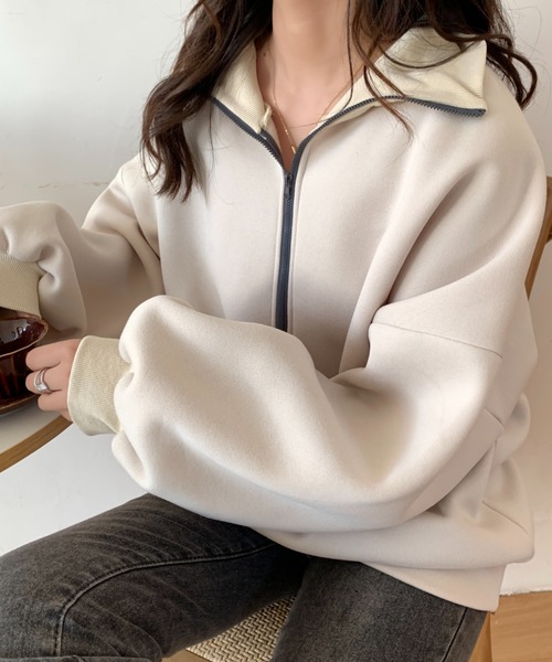 ABITOKYO（アビトーキョー）の「ハーフジップオーバーシルエット裏起毛スウェット（スウェット・レディース・グリーン/ホワイト/ブラック/ベージュ・FREE）」の9枚目の写真