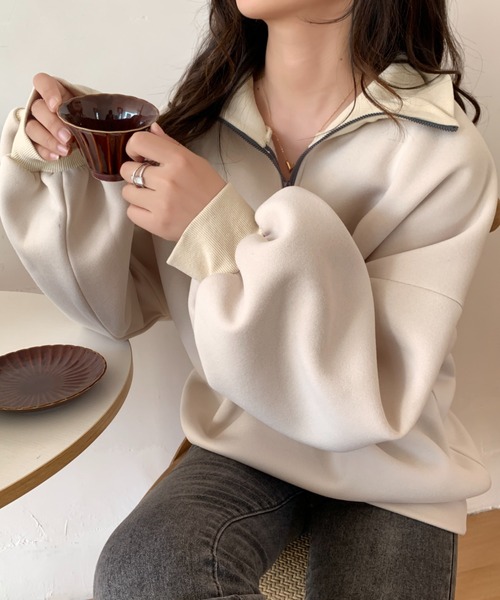 ABITOKYO（アビトーキョー）の「ハーフジップオーバーシルエット裏起毛スウェット（スウェット・レディース・グリーン/ホワイト/ブラック/ベージュ・FREE）」の12枚目の写真