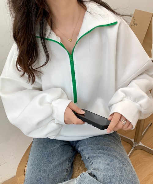 ABITOKYO（アビトーキョー）の「ハーフジップオーバーシルエット裏起毛スウェット（スウェット・レディース・グリーン/ホワイト/ブラック/ベージュ・FREE）」の10枚目の写真