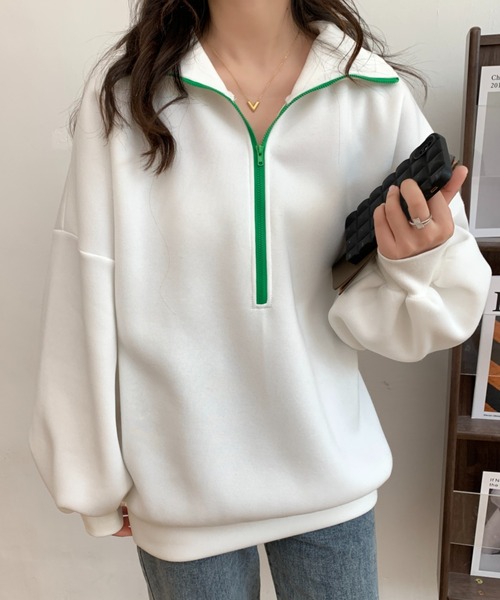 ABITOKYO（アビトーキョー）の「ハーフジップオーバーシルエット裏起毛スウェット（スウェット・レディース・グリーン/ホワイト/ブラック/ベージュ・FREE）」の14枚目の写真