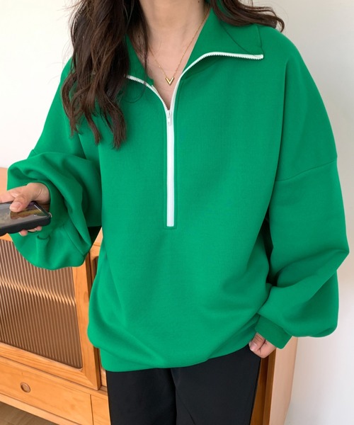 ABITOKYO（アビトーキョー）の「ハーフジップオーバーシルエット裏起毛スウェット（スウェット・レディース・グリーン/ホワイト/ブラック/ベージュ・FREE）」の11枚目の写真
