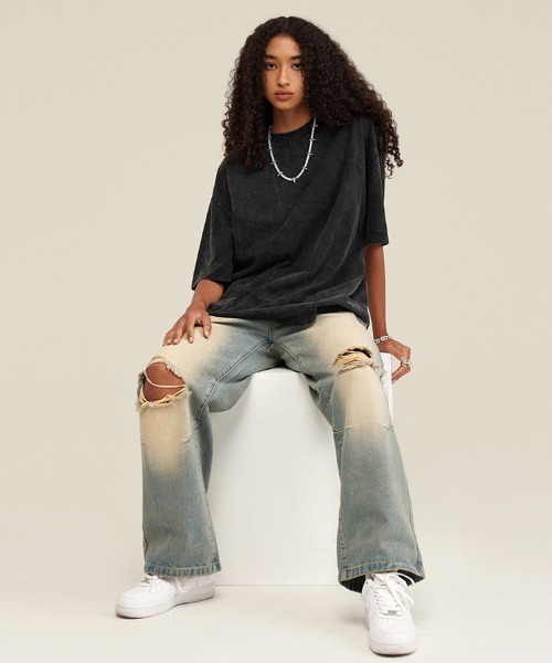 Ressaca(レサーカ)の「オーバーサイズ ユーズド加工 半袖 クルーネック無地Tシャツ(Tシャツ/カットソー・メンズ・カーキ/ブラック/ライトブルー/チャコールグレー/ベージュ/パープル/ブラウン/ピンク・S/M/L/XL)」の17枚目の写真