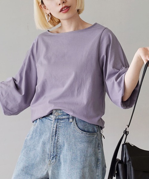 zootie（ズーティー）の「【ちゃっかり着やせできちゃう。】 スタイルアップ デザインスリーブ カットソー［五分袖］（Tシャツ/カットソー・レディース・オフホワイト/ブラック/イエロー系その他/グレー系その他/グレイッシュベージュ/ラベンダー/ブラック×ホワイト/グレイッシュブルー/ライラック/ライトアッシュグレー/チャコール/ベージュ系/レッド系/ライトブルー・M-L/L-XL/3L）」の12枚目の写真