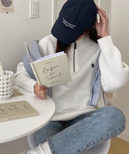 U.S. POLO ASSN.(ユーエスポロアッスン)の「∴WEGO/U.S. POLO ASSN.別注畔編みハーフZIPニット【WEB限定】(ニット/セーター・メンズ・ネイビー/杢グレー/オフホワイト/ダークオレンジ/ブラック/パープル・MEDIUM/LARGE)」の9枚目の写真