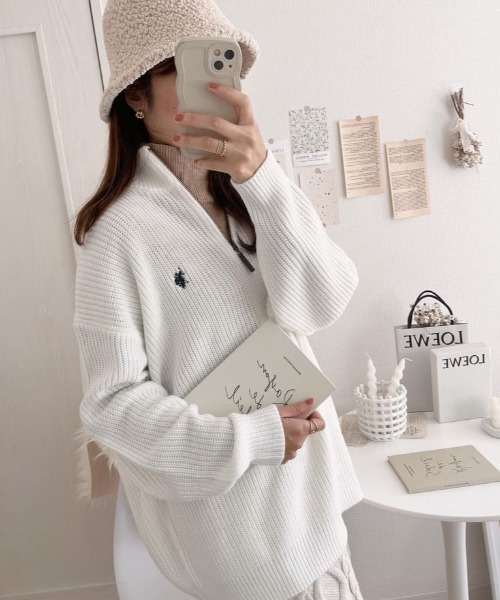 U.S. POLO ASSN.(ユーエスポロアッスン)の「∴WEGO/U.S. POLO ASSN.別注畔編みハーフZIPニット【WEB限定】(ニット/セーター・メンズ・ネイビー/杢グレー/オフホワイト/ダークオレンジ/ブラック/パープル・MEDIUM/LARGE)」の10枚目の写真