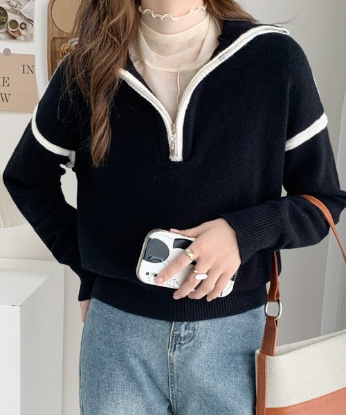 ABITOKYO(アビトーキョー)の「ハーフジップ配色ラインニットプルオーバー(ニット/セーター・レディース・ブラック/グリーン/ベージュ・FREE)」の2枚目の写真