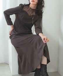 レース 切り替え ビスチェ風 シンプル 長袖 ワンピース パーティー ドレス 結婚式 お呼ばれ オケージョン