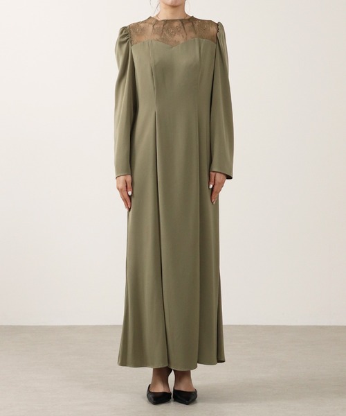 セール】レース 切り替え ビスチェ風 シンプル 長袖 ワンピース