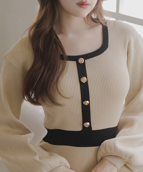 Julia Boutique（ジュリアブティック）の「ロング丈 パイピングマーメイドニットワンピース（ワンピース・レディース・ブラック/ベージュ・LONG）」の6枚目の写真