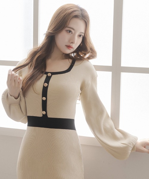 Julia Boutique（ジュリアブティック）の「ロング丈 パイピングマーメイドニットワンピース（ワンピース・レディース・ブラック/ベージュ・LONG）」の8枚目の写真