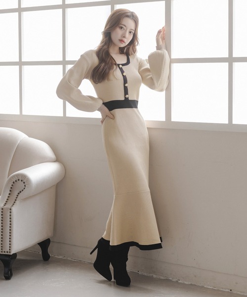 Julia Boutique（ジュリアブティック）の「ロング丈 パイピングマーメイドニットワンピース（ワンピース・レディース・ブラック/ベージュ・LONG）」の9枚目の写真