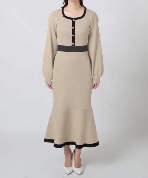Julia Boutique（ジュリアブティック）の「ロング丈 パイピングマーメイドニットワンピース（ワンピース・レディース・ブラック/ベージュ・LONG）」の10枚目の写真