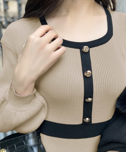 Julia Boutique（ジュリアブティック）の「ロング丈 パイピングマーメイドニットワンピース（ワンピース・レディース・ブラック/ベージュ・LONG）」の21枚目の写真