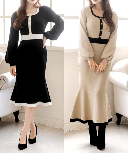 Julia Boutique（ジュリアブティック）の「ロング丈 パイピングマーメイドニットワンピース（ワンピース・レディース・ブラック/ベージュ・LONG）」の22枚目の写真