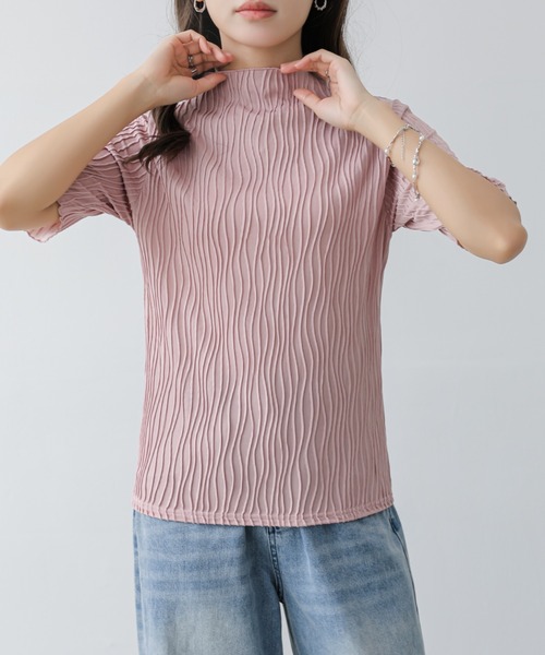 emi+（エミプラス）の「ウェーブジャガードメロープチハイネックTEE（Tシャツ/カットソー・レディース・グレー/アイボリー/ブラック/ピンク/グリーン・FREE）」の5枚目の写真