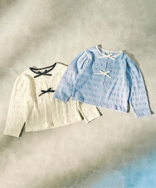 apres les cours（アプレレクール）の「シャーリングリボンUVカーデ（カーディガン/ボレロ・キッズ・アイボリー/ブルー・80/90/100/120/130/140/110）」の4枚目の写真