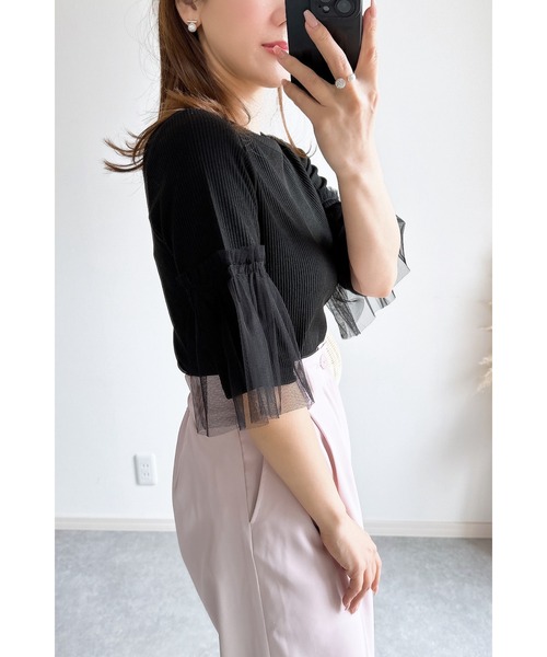 &. NOSTALGIA(アンドドットノスタルジア)の「【ZOZO限定】袖チュールリブハーフスリーブトップス(Tシャツ/カットソー・レディース・ホワイト/ブラック・M)」の12枚目の写真