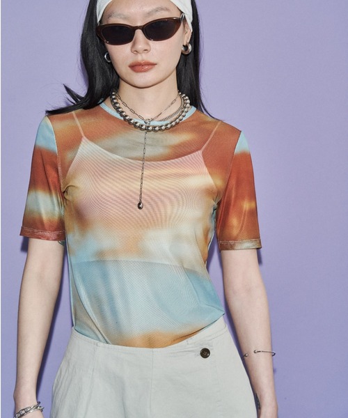 ニュアンス柄シアーハーフスリーブトップス（Tシャツ/カットソー