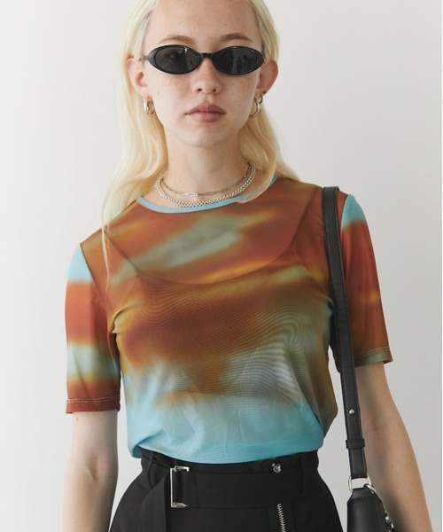 Solace(ソレイス)の「ニュアンス柄シアーハーフスリーブトップス(Tシャツ/カットソー・レディース・ブラック/ベージュ/オレンジ/イエロー・FREE)」の8枚目の写真