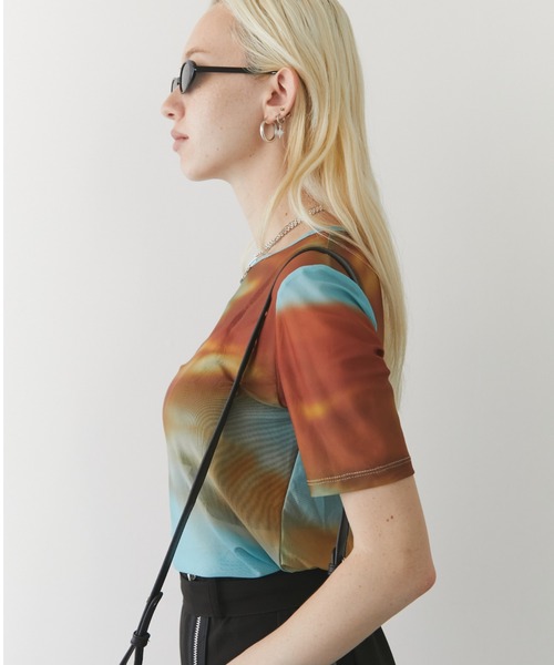 Solace(ソレイス)の「ニュアンス柄シアーハーフスリーブトップス(Tシャツ/カットソー・レディース・ブラック/ベージュ/オレンジ/イエロー・FREE)」の9枚目の写真