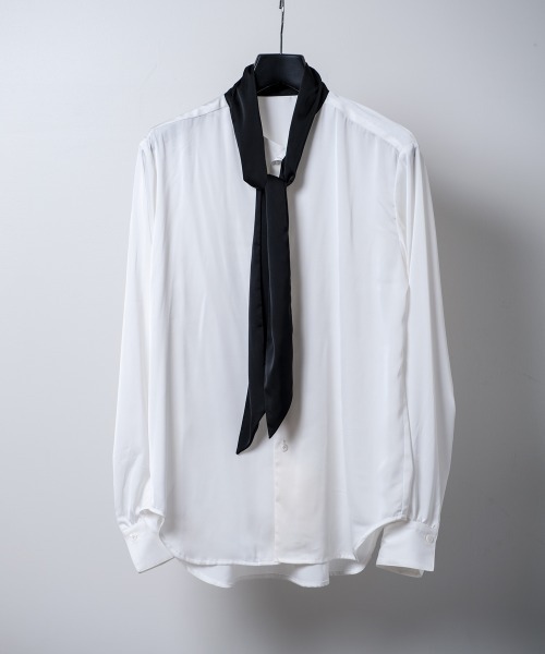 Buffalo Bobs(バッファローボブズ)の「TIE A TIE(タイ ア タイ)スカーフ付 サテン トロミシャツ(シャツ/ブラウス・メンズ・ブラック/マルチ/ホワイト・1-2/2-3)」の9枚目の写真