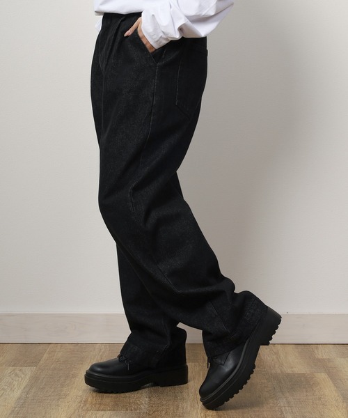 切替ラインデニムパンツ レディース ワイドシルエット　ブラック　medium antiqua 切替ラインデニムパンツ レディース ワイドシルエット