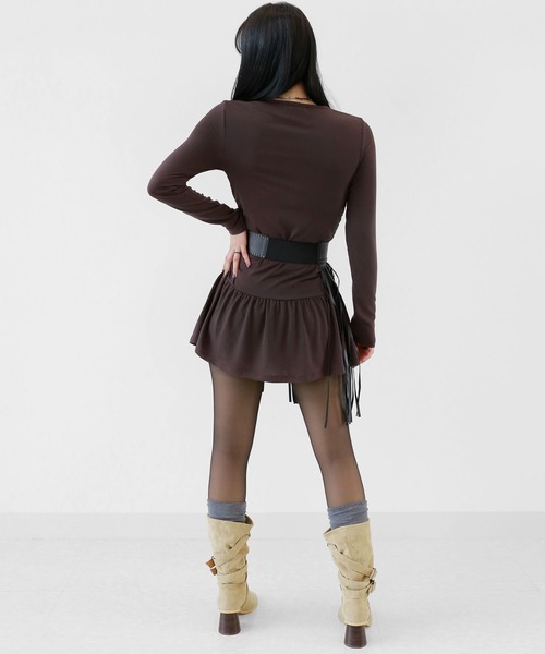 minsobi（ミンソビ）の「スリムフィットシャーリングワンピース ローライズミニーワンピース シャーリングミニワンピ 裏起毛 冬ワンピース タイトワンピース（ワンピース・レディース・ブラック/ブラウン/アイボリー・FREE）」の6枚目の写真