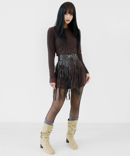 minsobi（ミンソビ）の「スリムフィットシャーリングワンピース ローライズミニーワンピース シャーリングミニワンピ 裏起毛 冬ワンピース タイトワンピース（ワンピース・レディース・ブラック/ブラウン/アイボリー・FREE）」の7枚目の写真