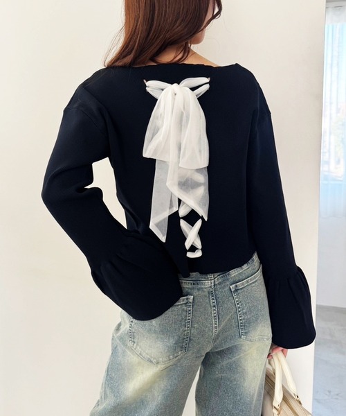 one after another NICE CLAUP(ワンアフターアナザーナイスクラップ)の「バックリボンニットトップス(ニット/セーター・レディース・ネイビー/レッド/ピンク/オフホワイト・FREE)」の1枚目の写真