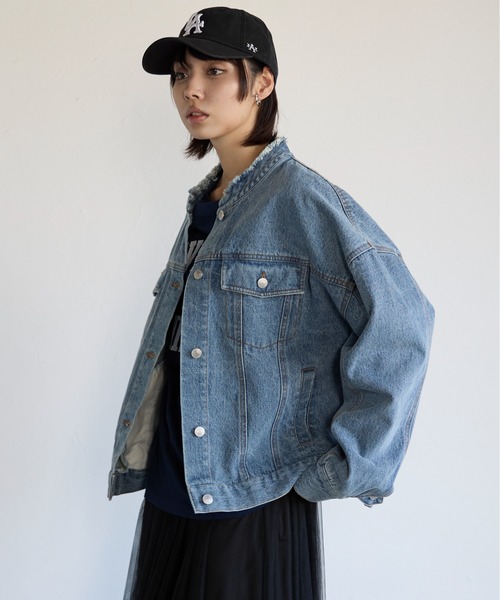 SOTT(ソット)の「Collarless Denim Jacket ノーカラーデニムジャケット(ノーカラージャケット・レディース・インディゴブルー/ケミカルウォッシュ・FREE)」の9枚目の写真