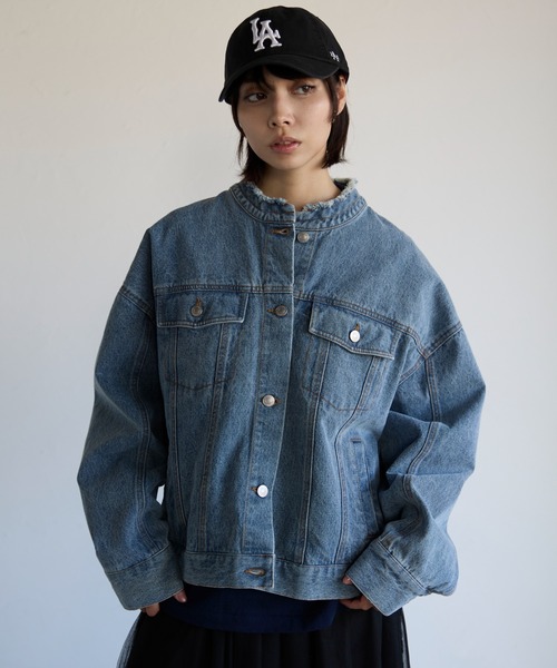 SOTT(ソット)の「Collarless Denim Jacket ノーカラーデニムジャケット(ノーカラージャケット・レディース・インディゴブルー/ケミカルウォッシュ・FREE)」の18枚目の写真
