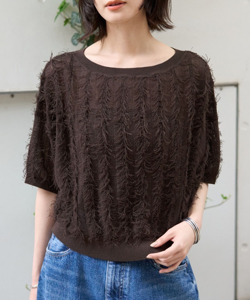 Rouge vif Anna（ルージュヴィフアンナ）の「シアーフリンジニットフレンチプルオーバー（ニット/セーター・レディース・オフホワイト/ブラック/ブラウン・フリー）」の3枚目の写真