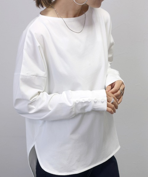 Aletta vita(アレッタビータ)の「シルケットコットン袖ボタンカットソー(Tシャツ/カットソー・レディース・オフホワイト/ブラック/レッド系その他・FREE)」の1枚目の写真