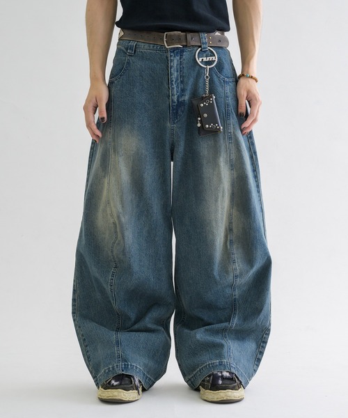 デニム ワイドパンツ ポケット ステッチ デザイン 韓国 m6536 EPNK】Switch slab wide denim pants / スイッチスラブワイド