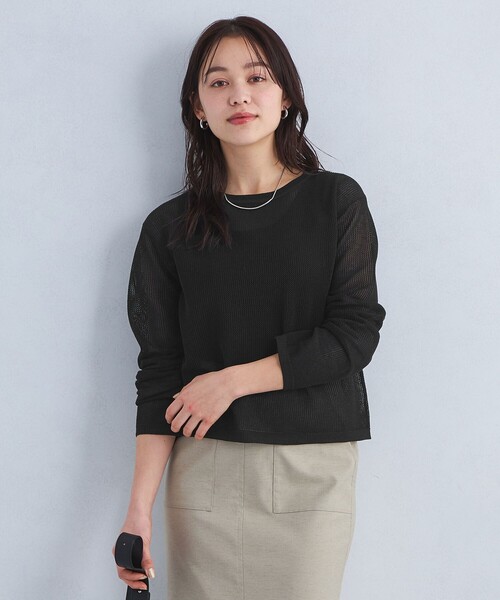 green label relaxing(グリーンレーベルリラクシング)の「メッシュ クルーネック ニット プルオーバー -ウォッシャブル-(ニット/セーター・レディース・イエロー/オフホワイト/ブラック・FREE)」の2枚目の写真