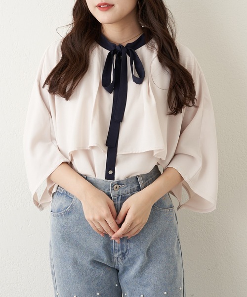 Another Branch olive des olive(アナザーブランチオリーブデオリーブ)の「【女性らしさたっぷり!】【WEB限定】配色ケープボウタイブラウス(シャツ/ブラウス・レディース・ネイビー/オフホワイト/アイボリー・FREE)」の12枚目の写真