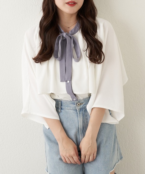 Another Branch olive des olive(アナザーブランチオリーブデオリーブ)の「【女性らしさたっぷり!】【WEB限定】配色ケープボウタイブラウス(シャツ/ブラウス・レディース・ネイビー/オフホワイト/アイボリー・FREE)」の4枚目の写真
