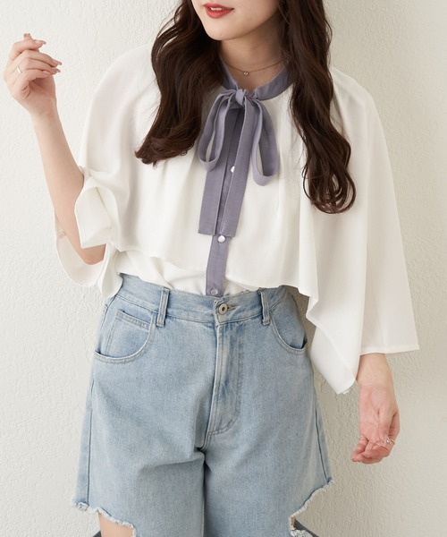 Another Branch olive des olive(アナザーブランチオリーブデオリーブ)の「【女性らしさたっぷり!】【WEB限定】配色ケープボウタイブラウス(シャツ/ブラウス・レディース・ネイビー/オフホワイト/アイボリー・FREE)」の5枚目の写真